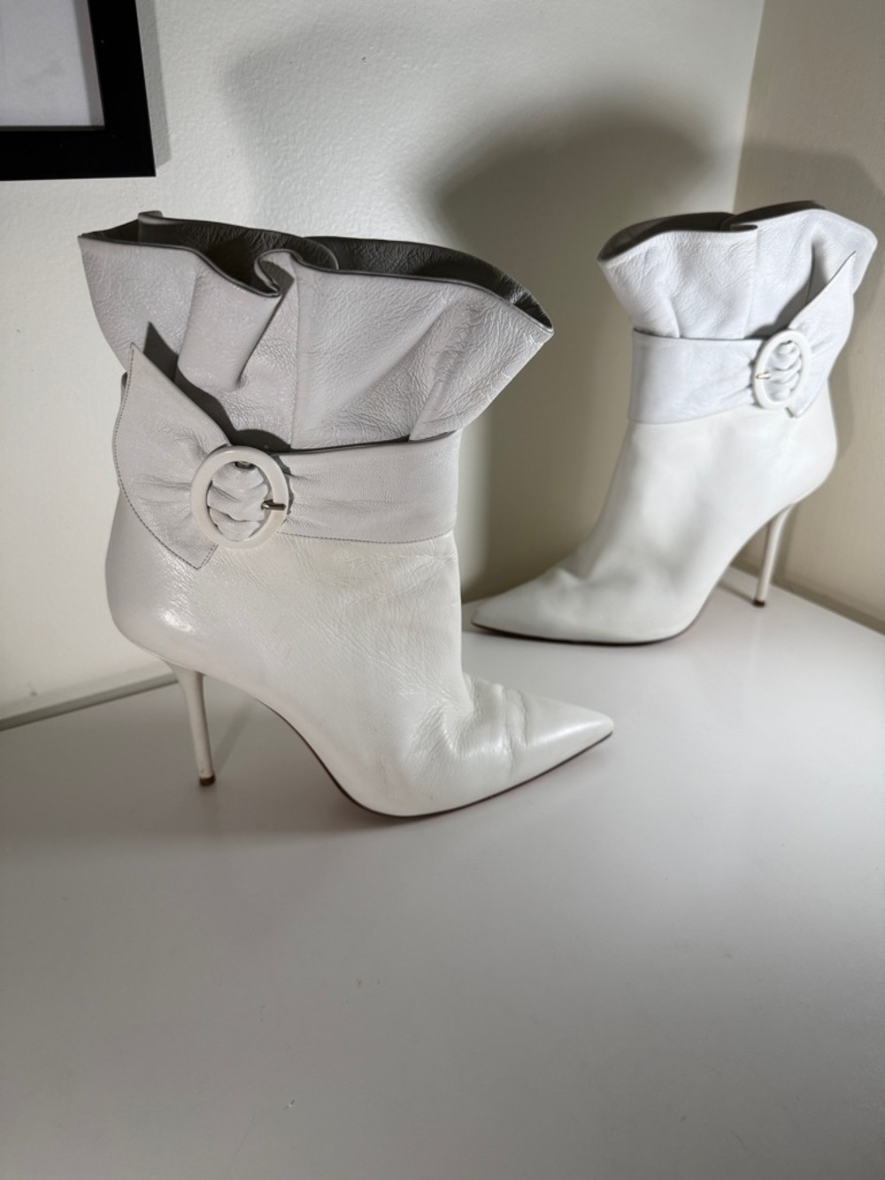 Aquazzura White Pointed-Toe Stiletto Ankle Boots with Buckle Strap, size 40 - Picture 2 of 16